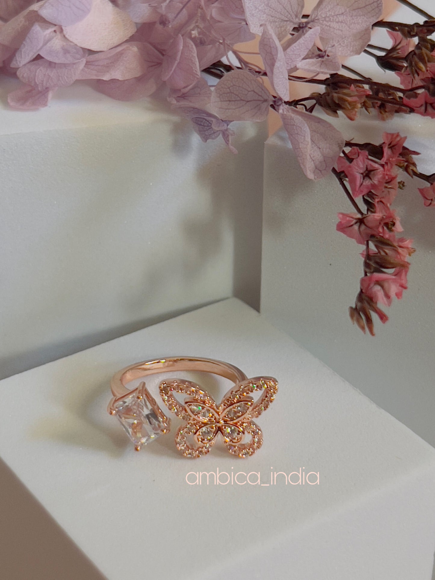 Butterfly with white Crystal adjustable ring