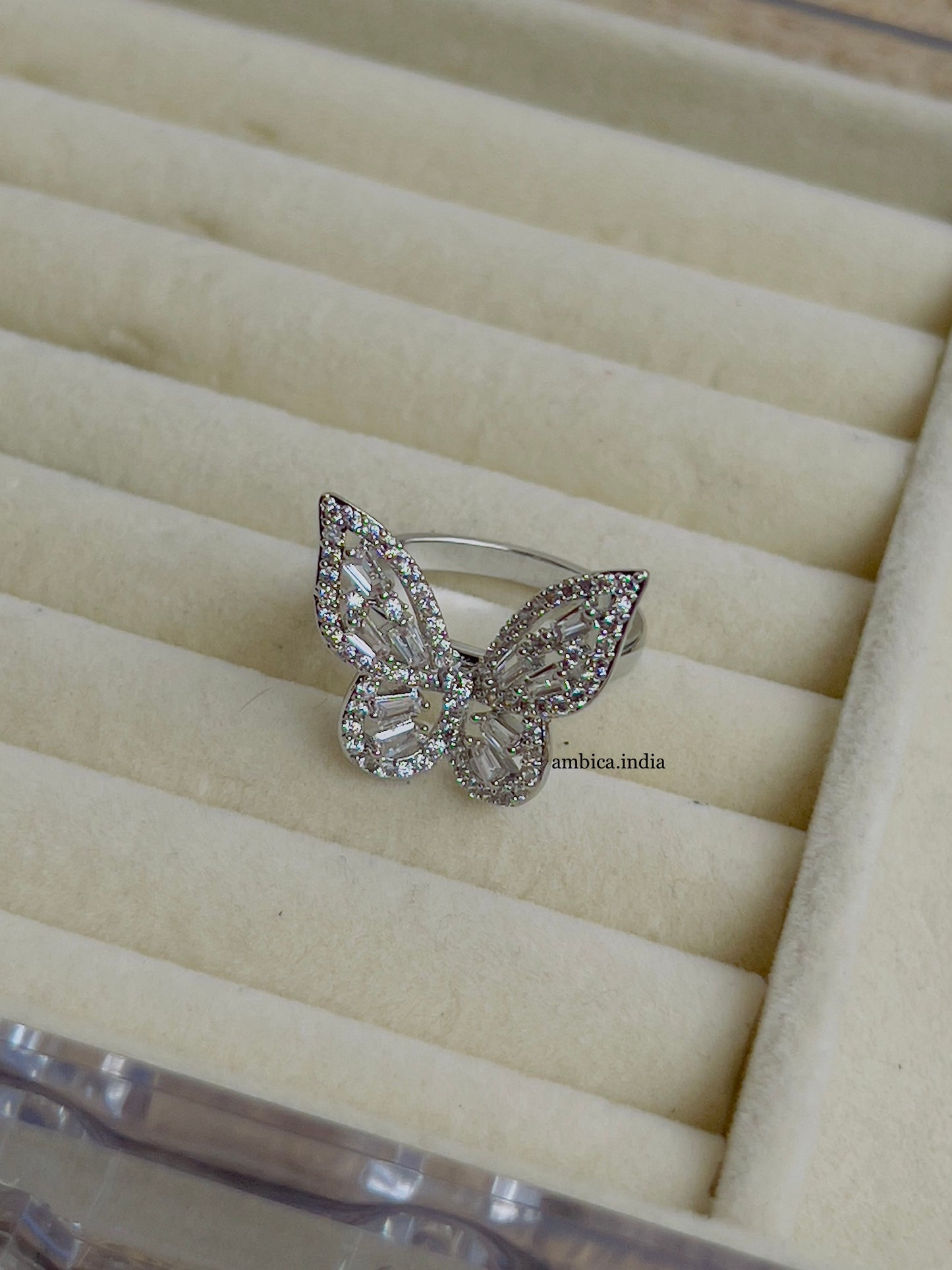 Butterfly with crystal studded adjustable ring silver