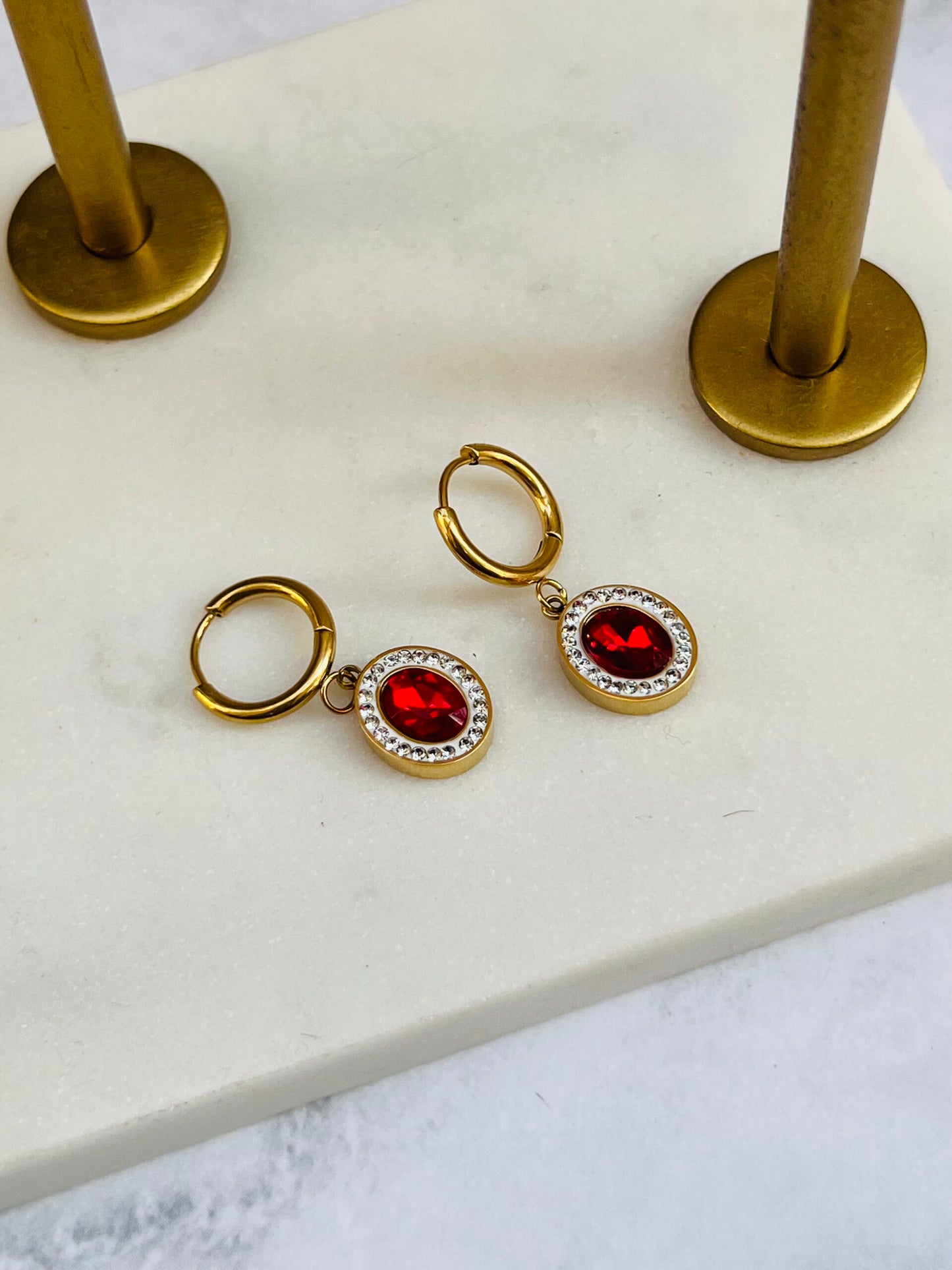oval red crystal drop earrings