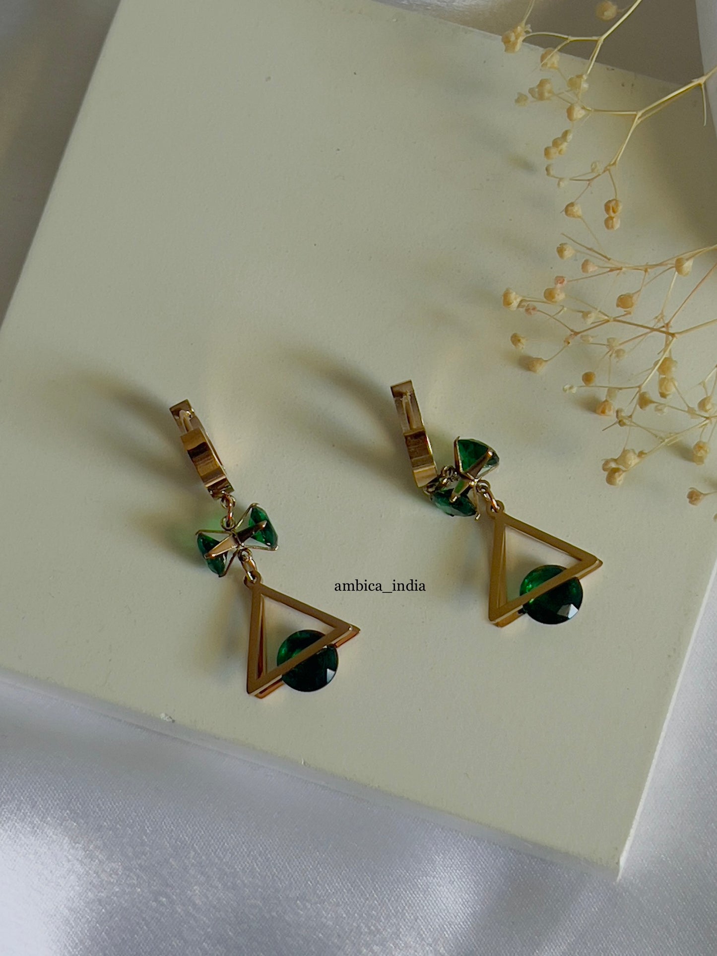 Triangle with green crystal drop earrings