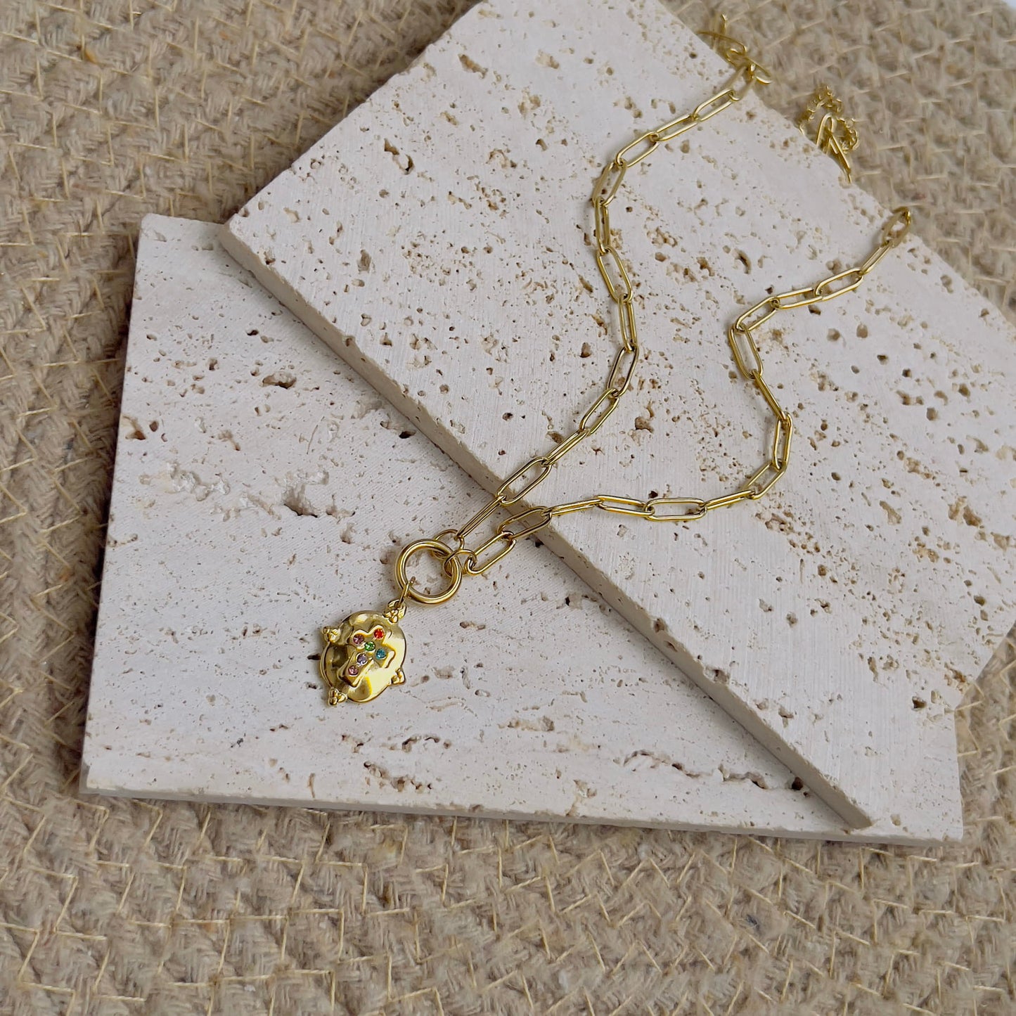 Link chain with multicolour crystal cross charm necklace