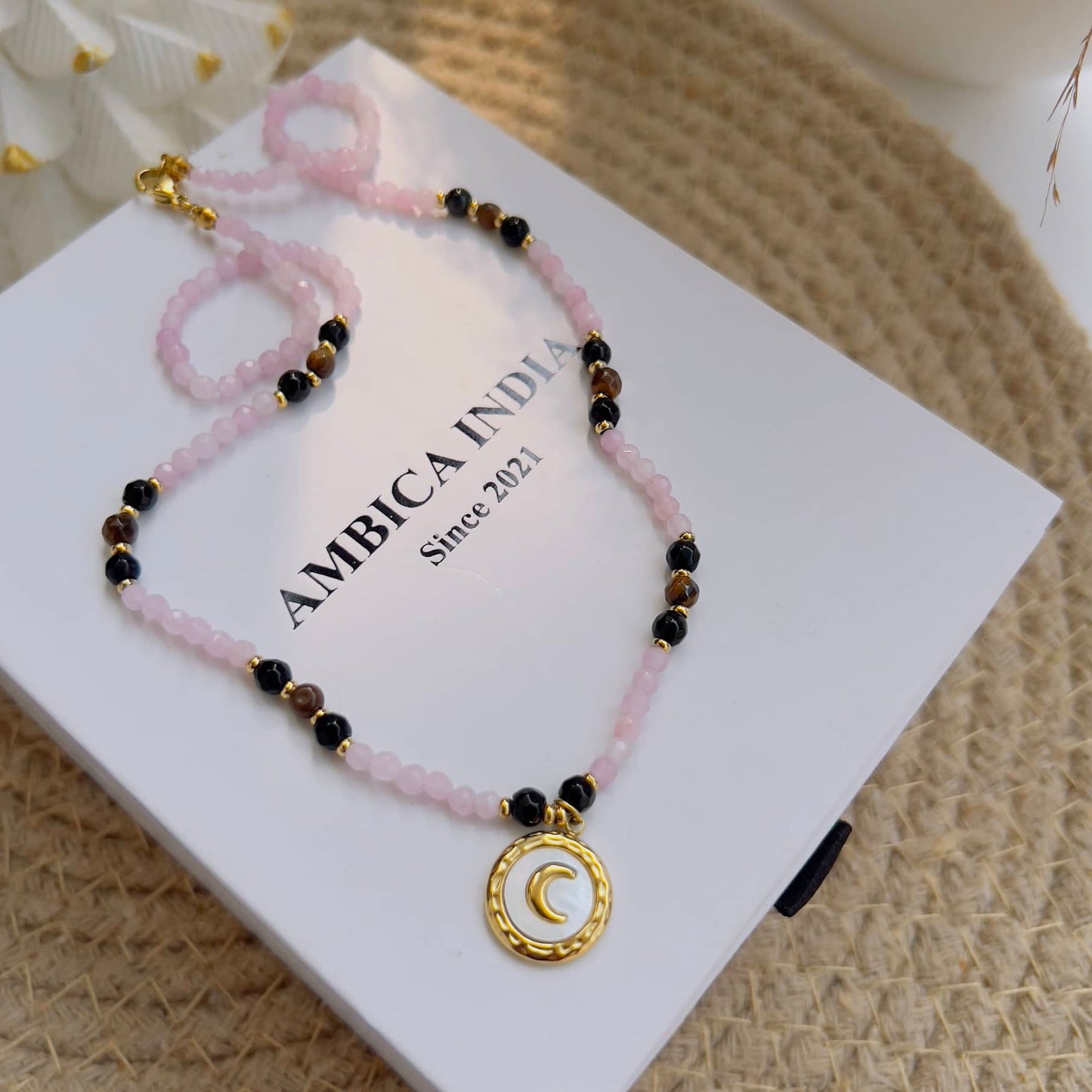 Pink white and black brown stone necklace