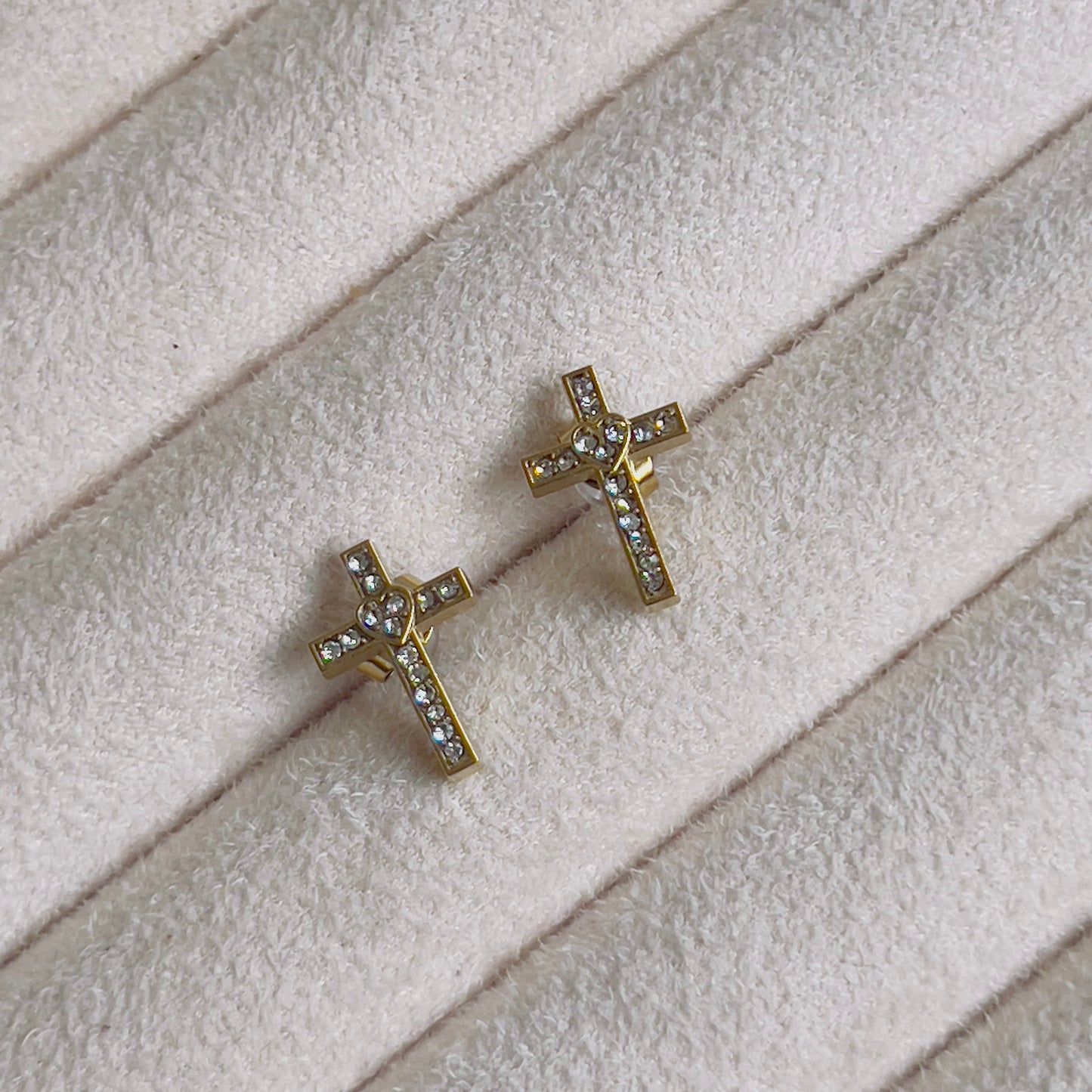 Cross white heart crystal earrings
