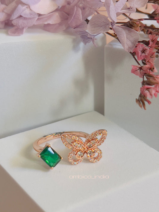 Butterfly with green Crystal adjustable ring
