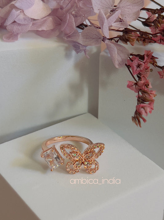 Butterfly with white Crystal adjustable ring