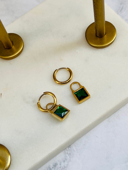 Green square crystal drop earrings