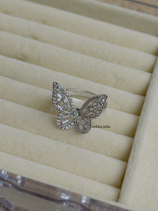 Butterfly with crystal studded adjustable ring silver
