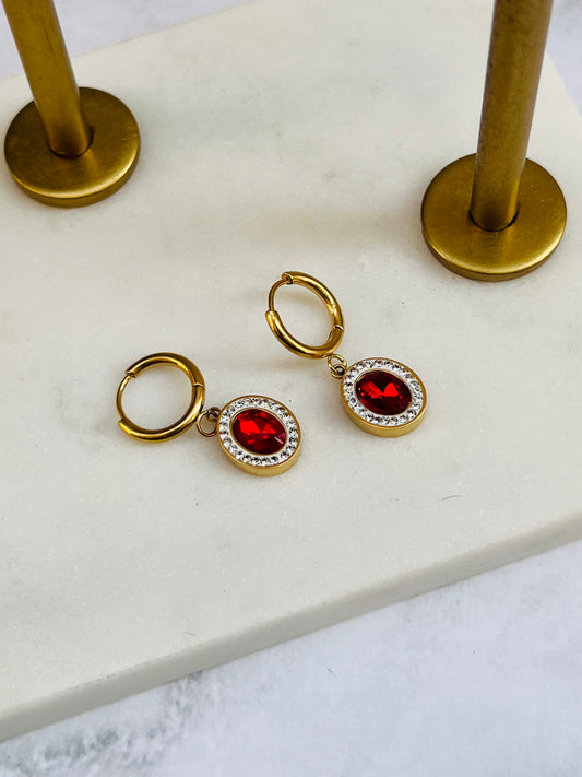 oval red crystal drop earrings