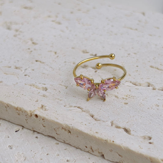 Pink butterfly crystal ring