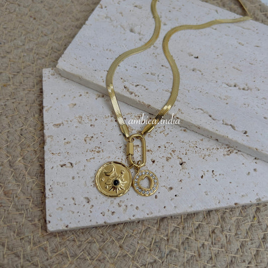 Snake chain with heart & sun charm necklace
