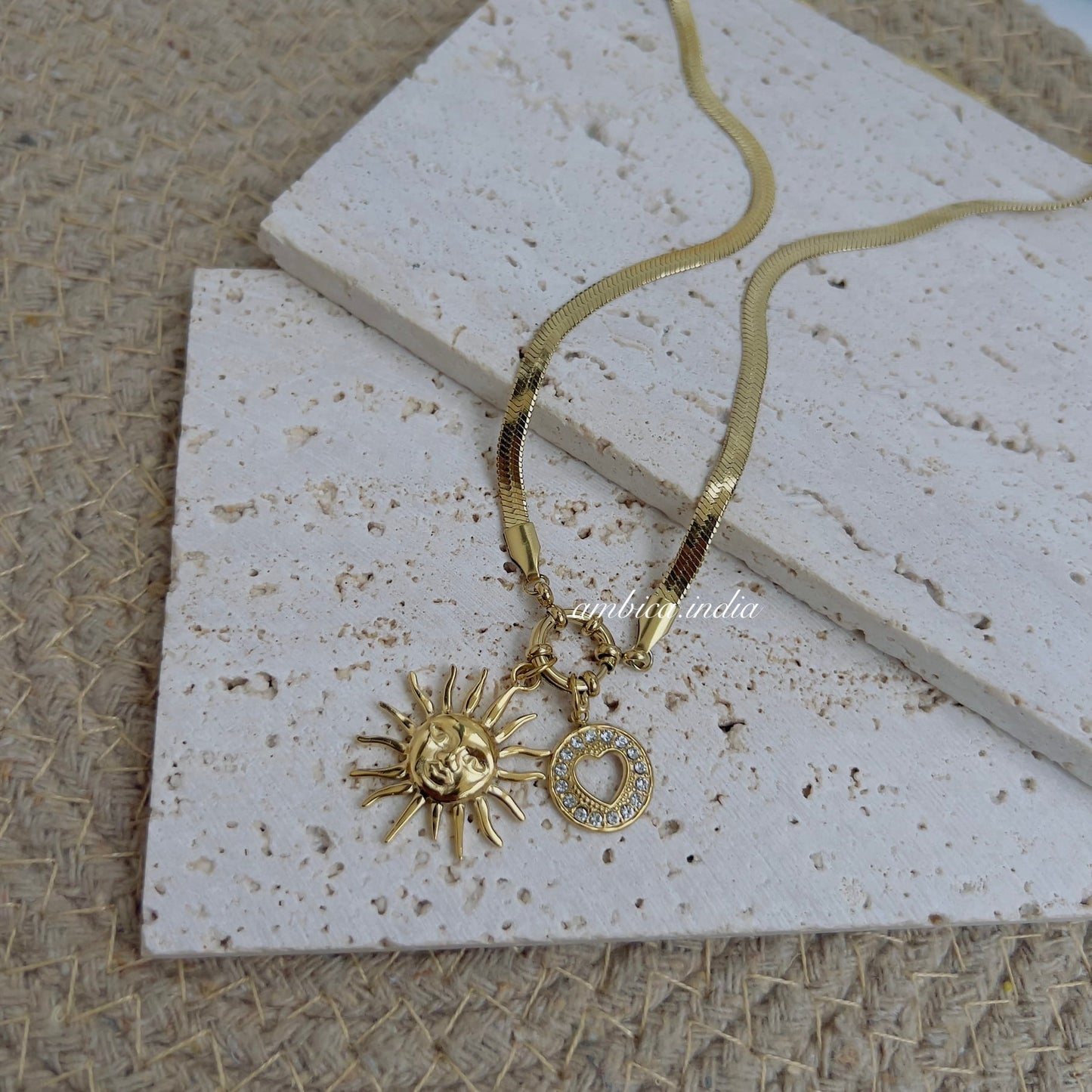 Snake chain with Sun & heart charm necklace