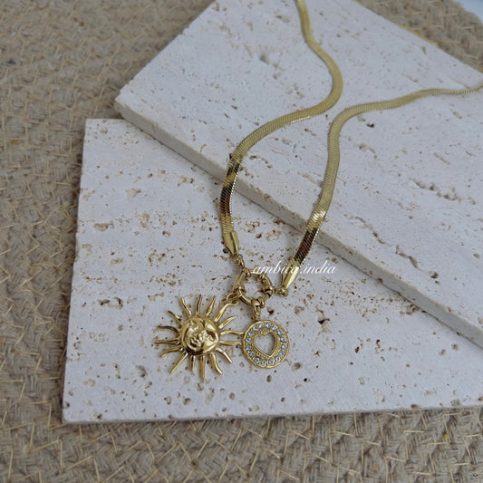 Snake chain with Sun & heart charm necklace