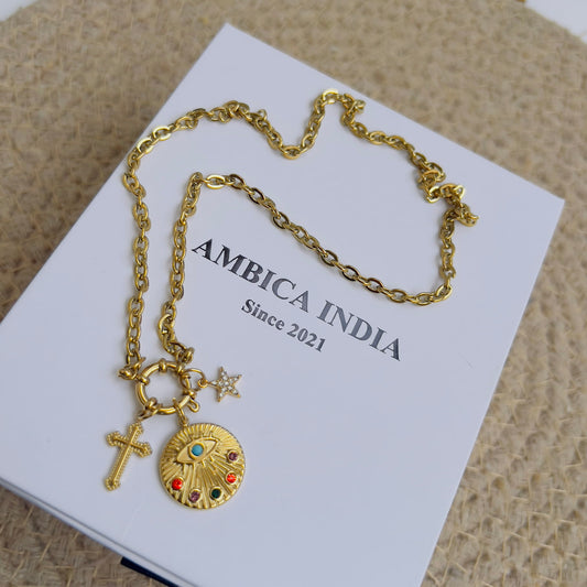 Cross and star & big evileye charm necklace