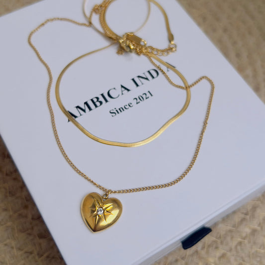 Heart with snake chain layered necklace