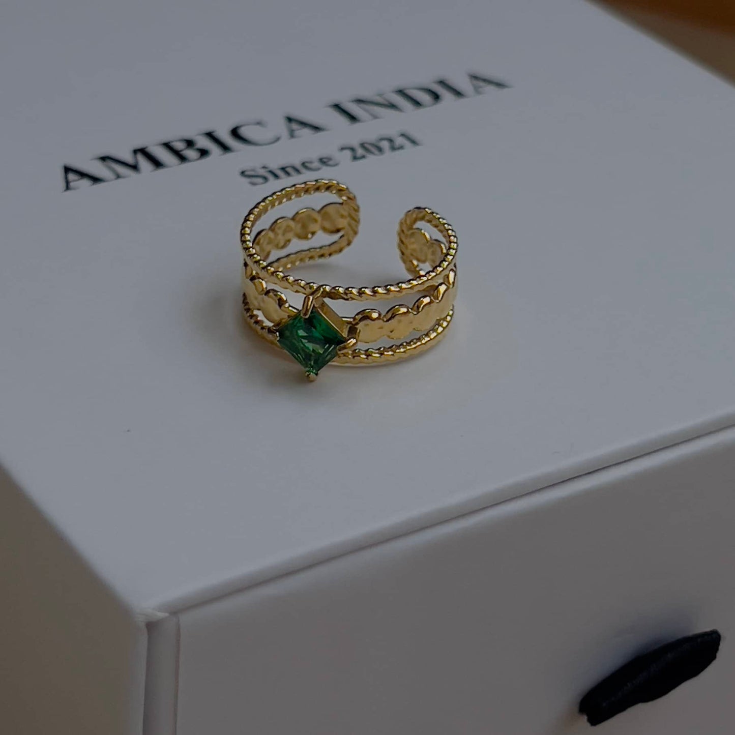 Triangle green crystal ring