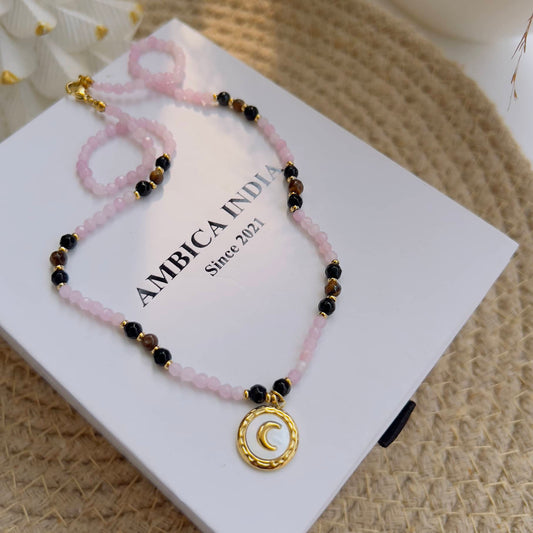 Pink white and black brown stone necklace