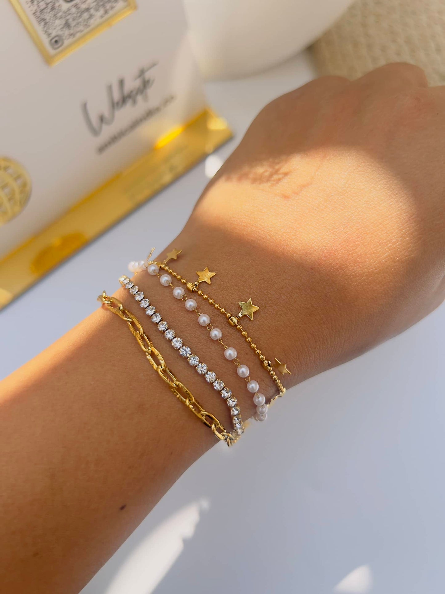 Star with pearl crystal link bracelet