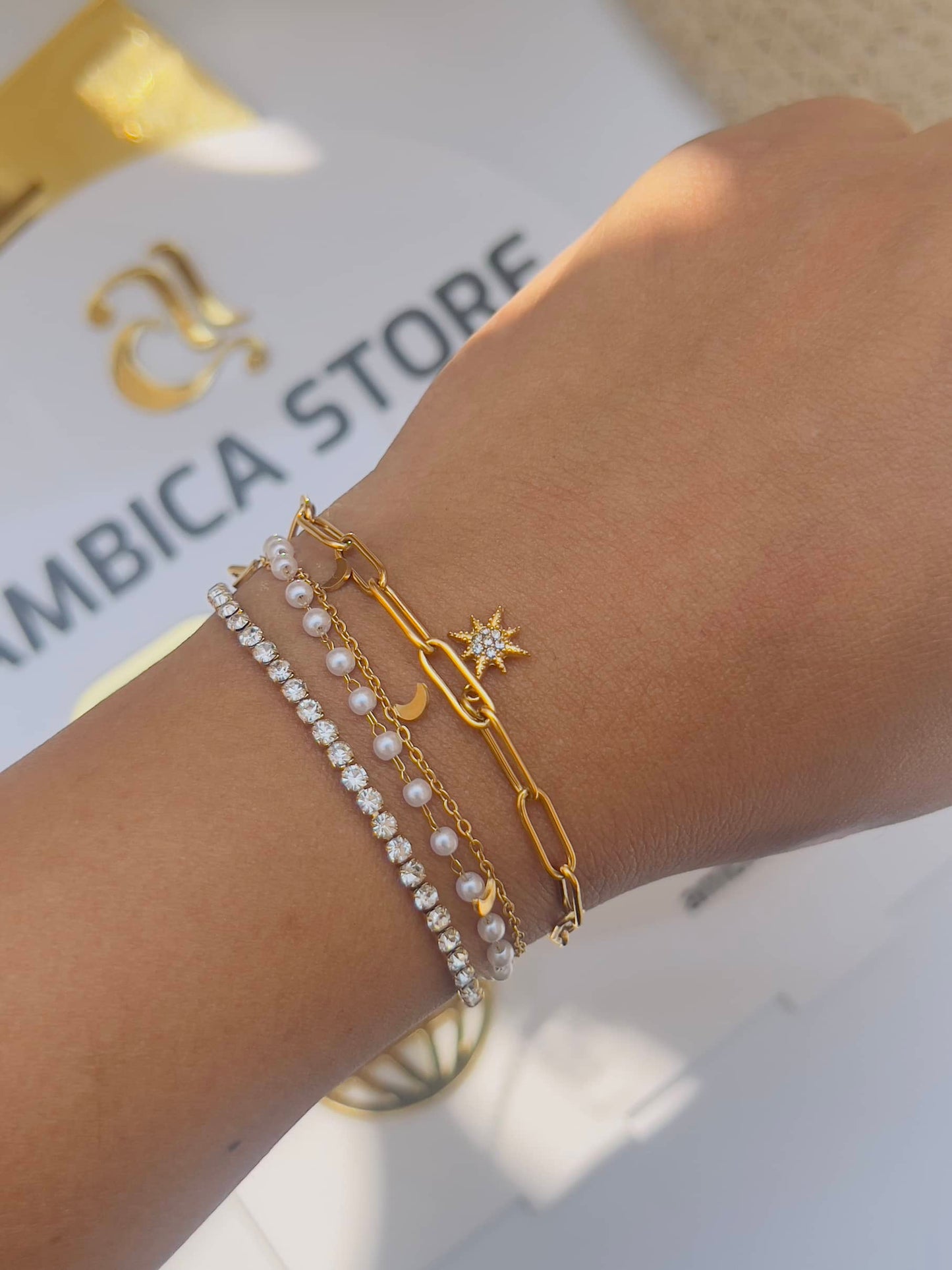 Star with moon Pearl with crystal Wrap Bracelet
