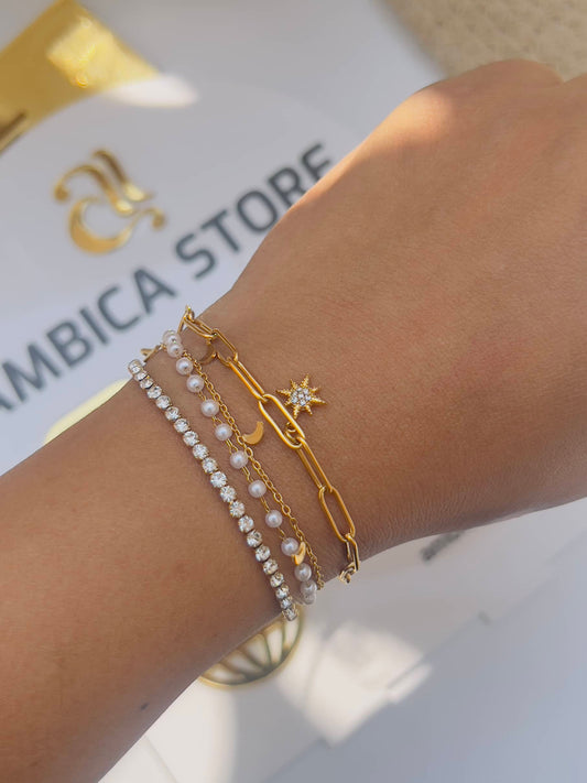 Star with moon Pearl with crystal Wrap Bracelet