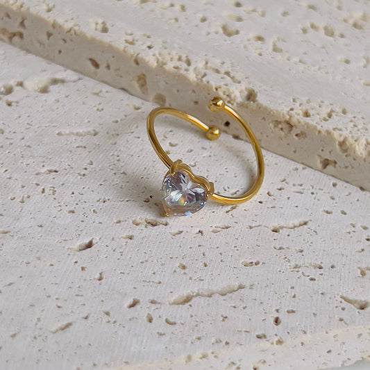 Crystal white heart adjustable ring