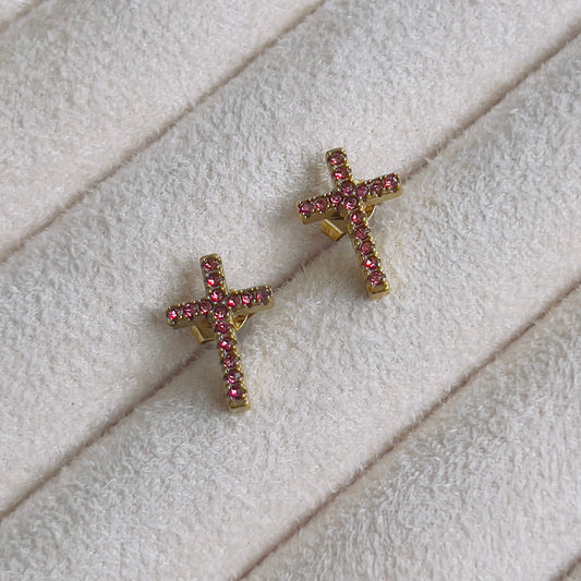 Cross pink crystal earrings