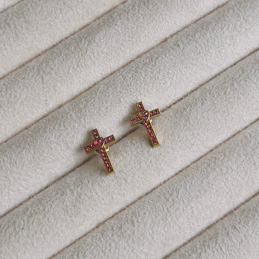 Cross pink heart crystal earrings