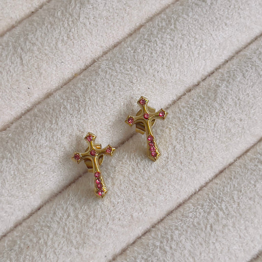 Classic cross pink crystal earrings