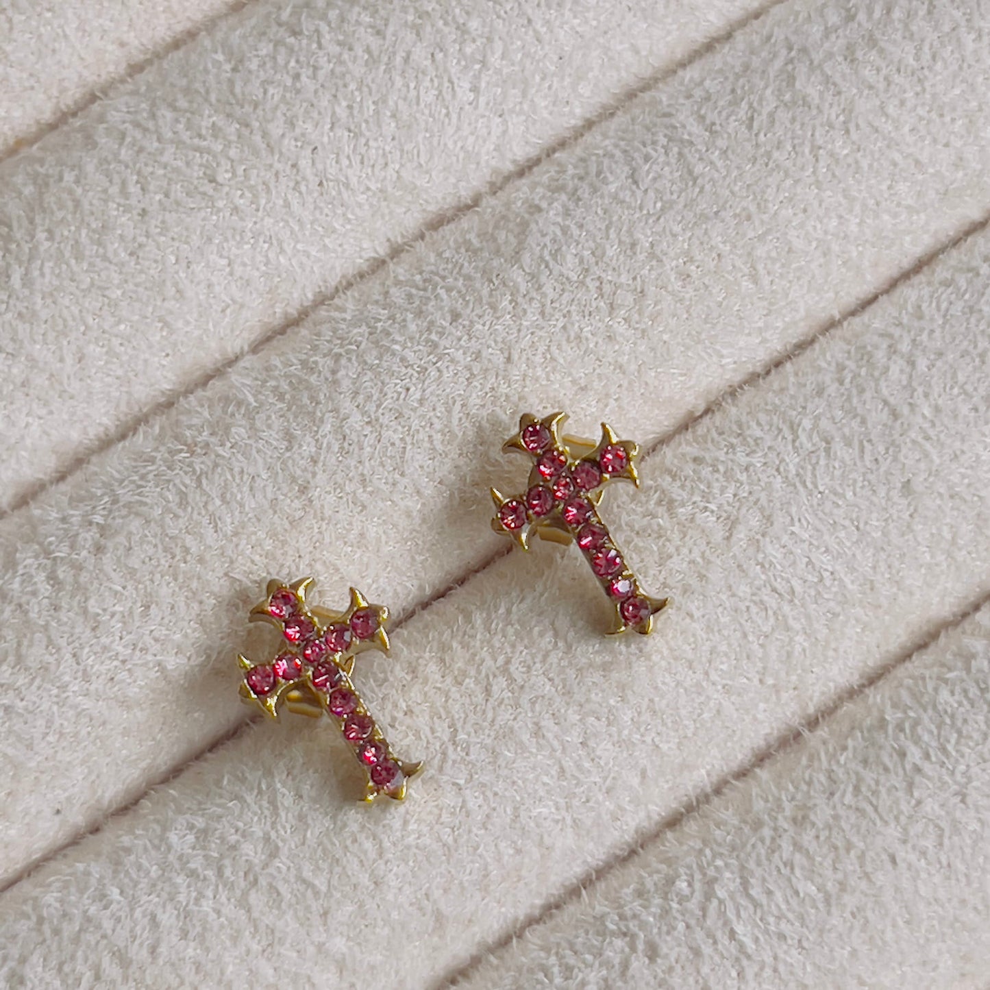 Cross earrings pink crystal