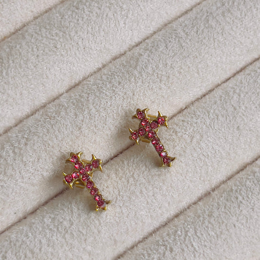 Cross earrings pink crystal
