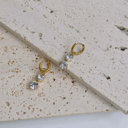 White heart with round crystal drop earrings