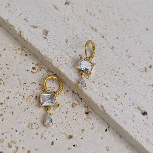 White crystal rectangle with drop earrings
